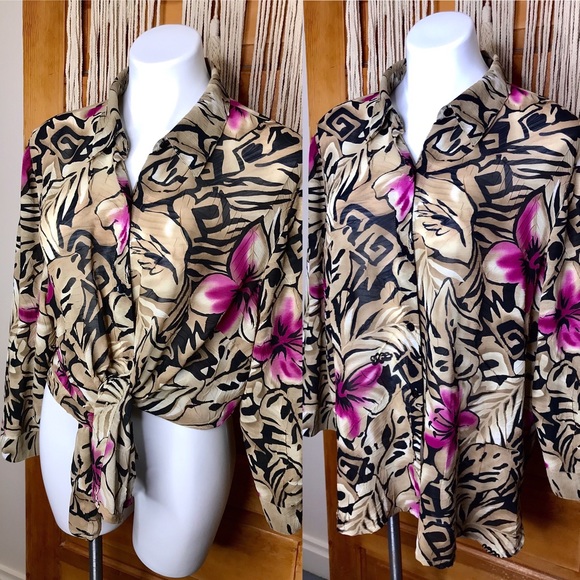 Vintage 90s Hibiscus Flower Loose Button Down
